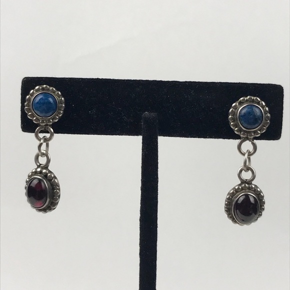 Navajo Benally 925 Sterling Silver Lapis Garnet Drop Dangle Earring - Picture 1 of 8